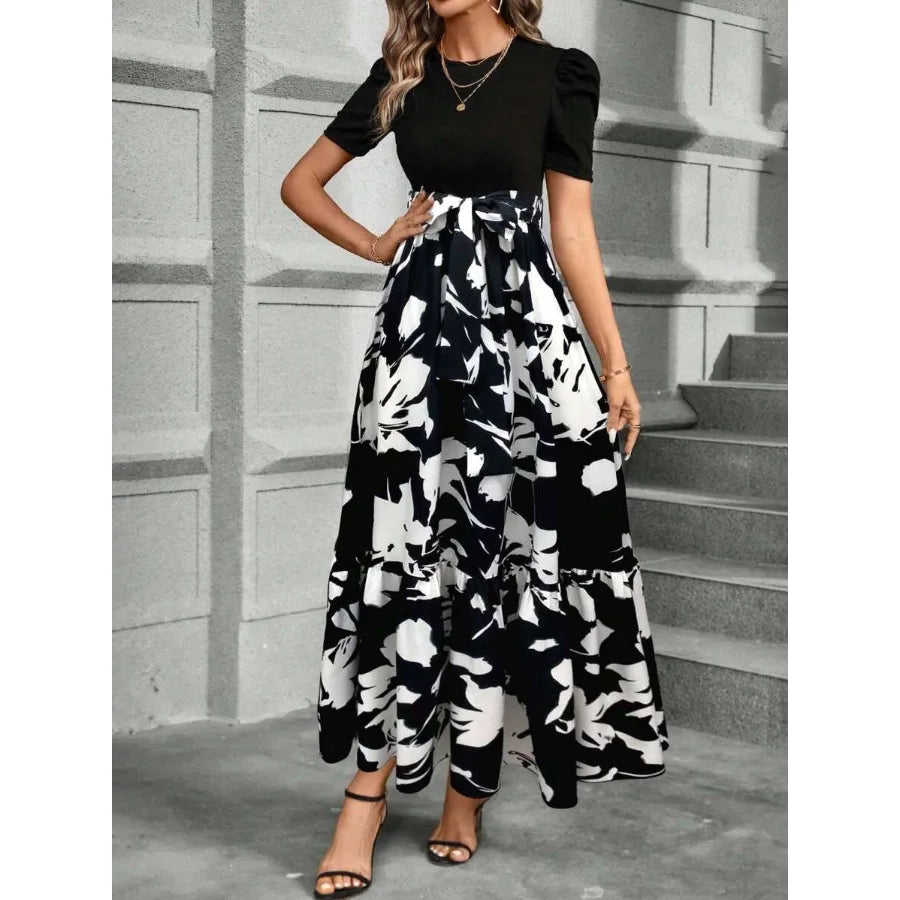 Women's Spliced Plant Print Ruffle Hem Maxi Dress Outfit