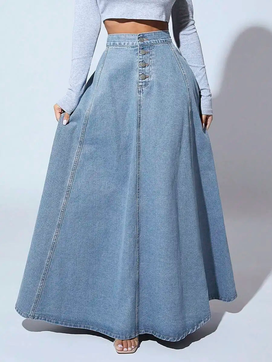 Front Button High-Waisted Denim Maxi Skirt for Women