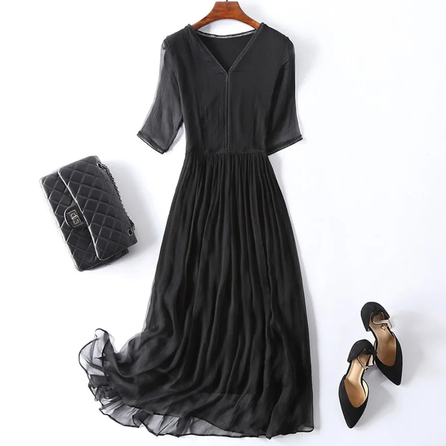 【New style】Summer new mulberry silk silk dress women's medium and long slim and high-end feel one piece for  on behalf of China