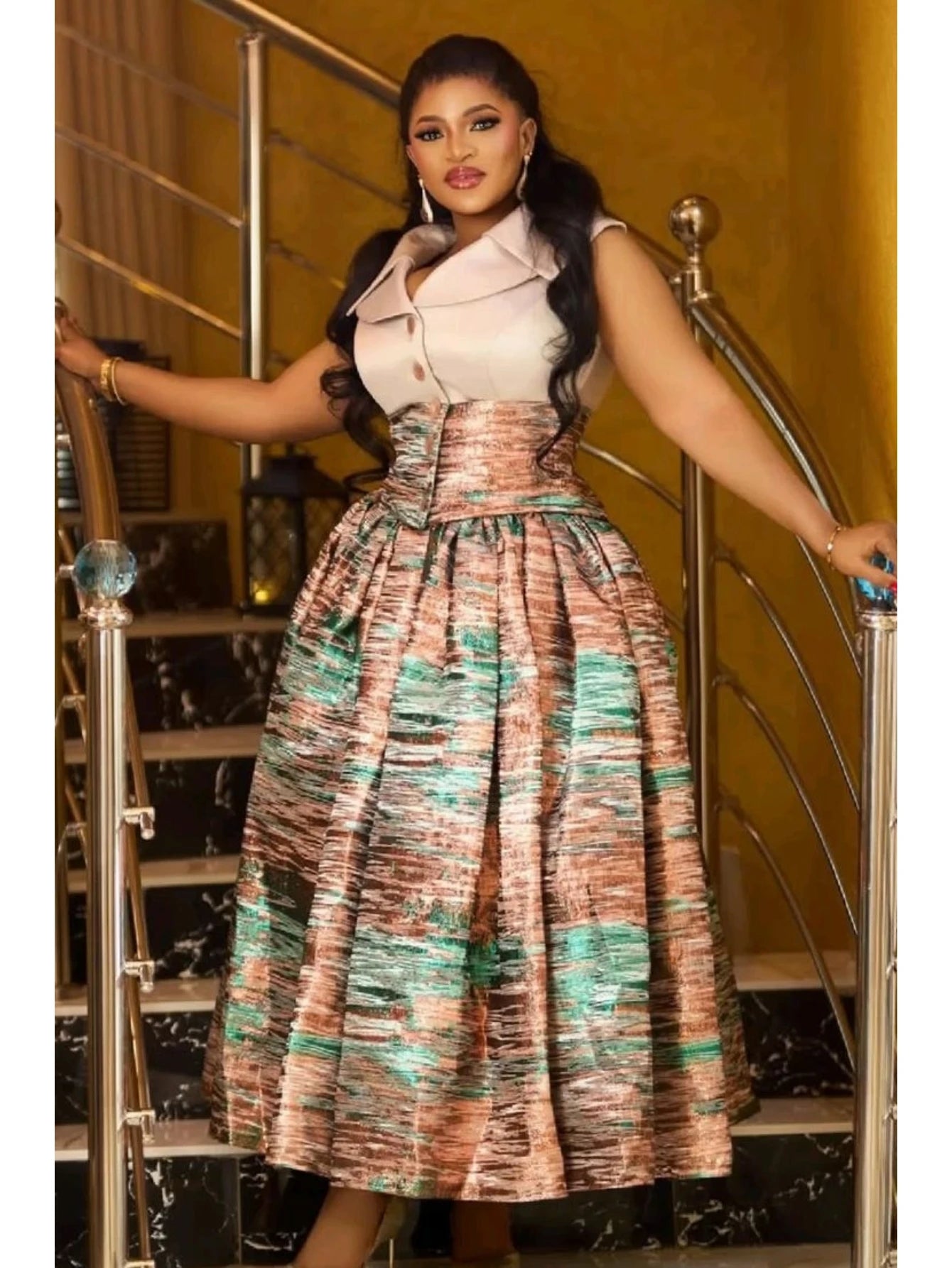 Women's Plus Size Sleeveless Lapel Button Top + High Waist Printed Pleated Midi Skirt Set, Elegant Formal Matching Outfit