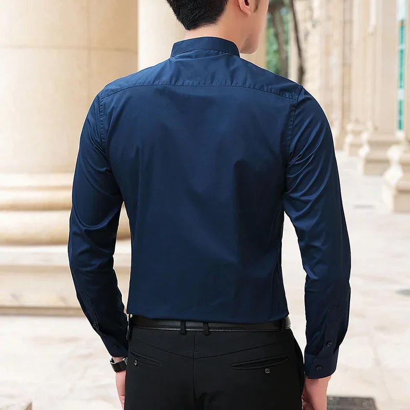 Browon Mens Business Cotton Shirt With Stand Collar Slim Fit