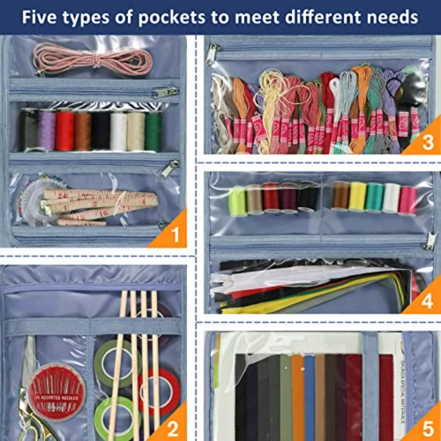Sewing and Craft Supplies Storage Tote Large Capacity Travel Packing Organizer Bag with Clear Pockets and Handle for Knitting C