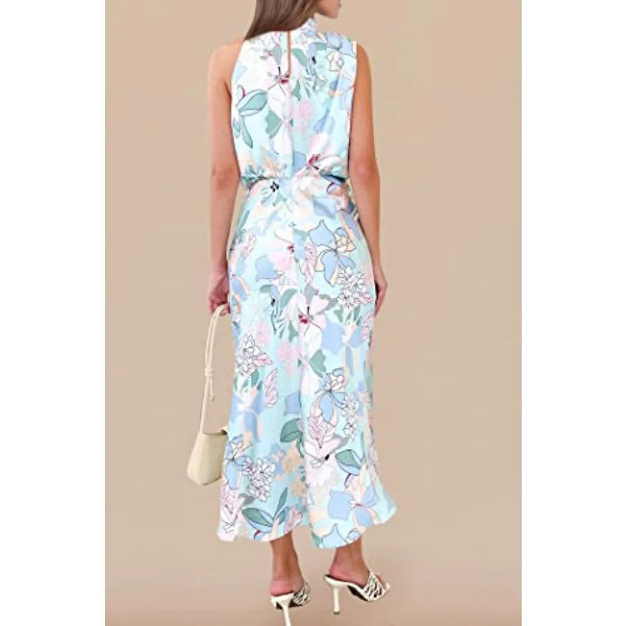 PRETTYGARDEN Women's 2026 Summer Satin Dress Elegant Sleeveless Mock Neck Cocktail Party Maxi Dresses