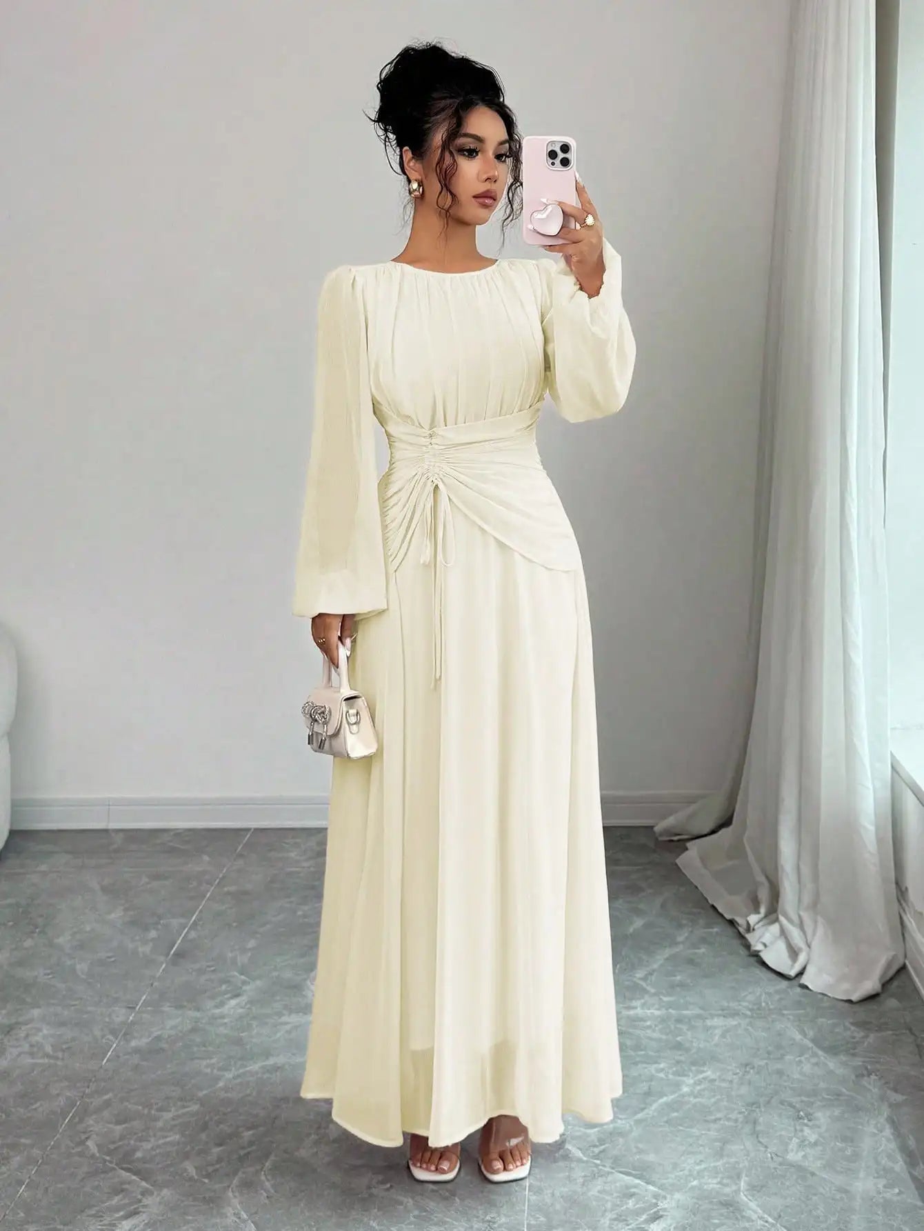 Women's Spring Summer Romantic Elegant Ruched Waist A-Line Long Sleeve Maxi Dress