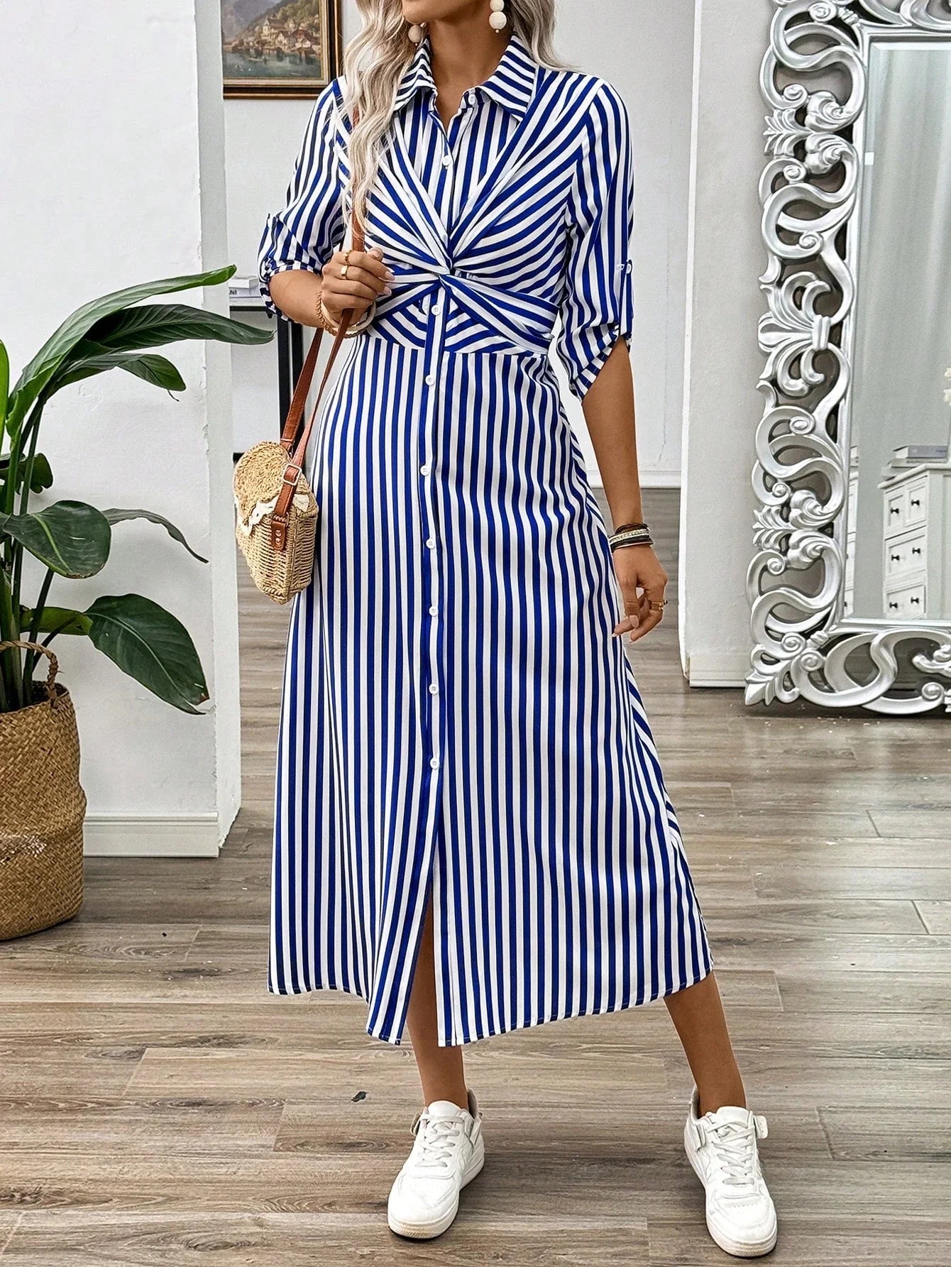 Blue And White Striped Twist Front Midi Dress With Belt