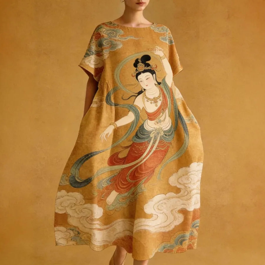2026 European and American vacation style hit watercolor flower print dress loose mid-length dress