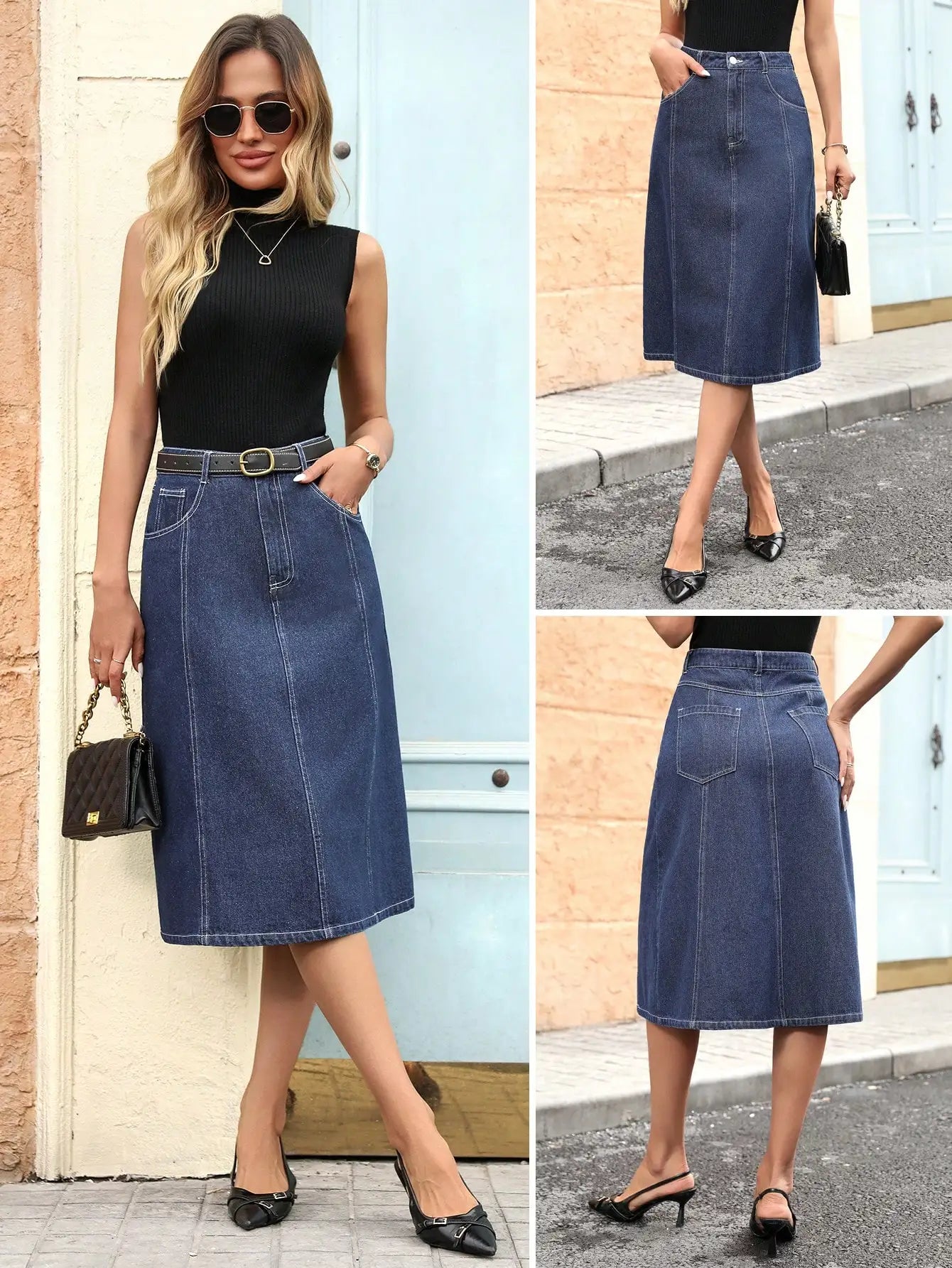 Women's Washed Mid-Length A-Line Denim Skirt with Pockets and Belt Loop