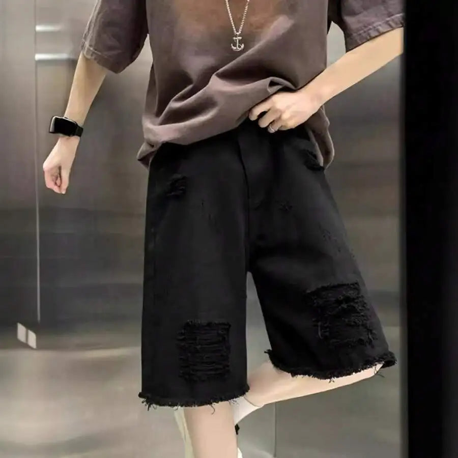 Vintage Distressed Washed Denim Shorts Men Loose Straight Casual Summer
