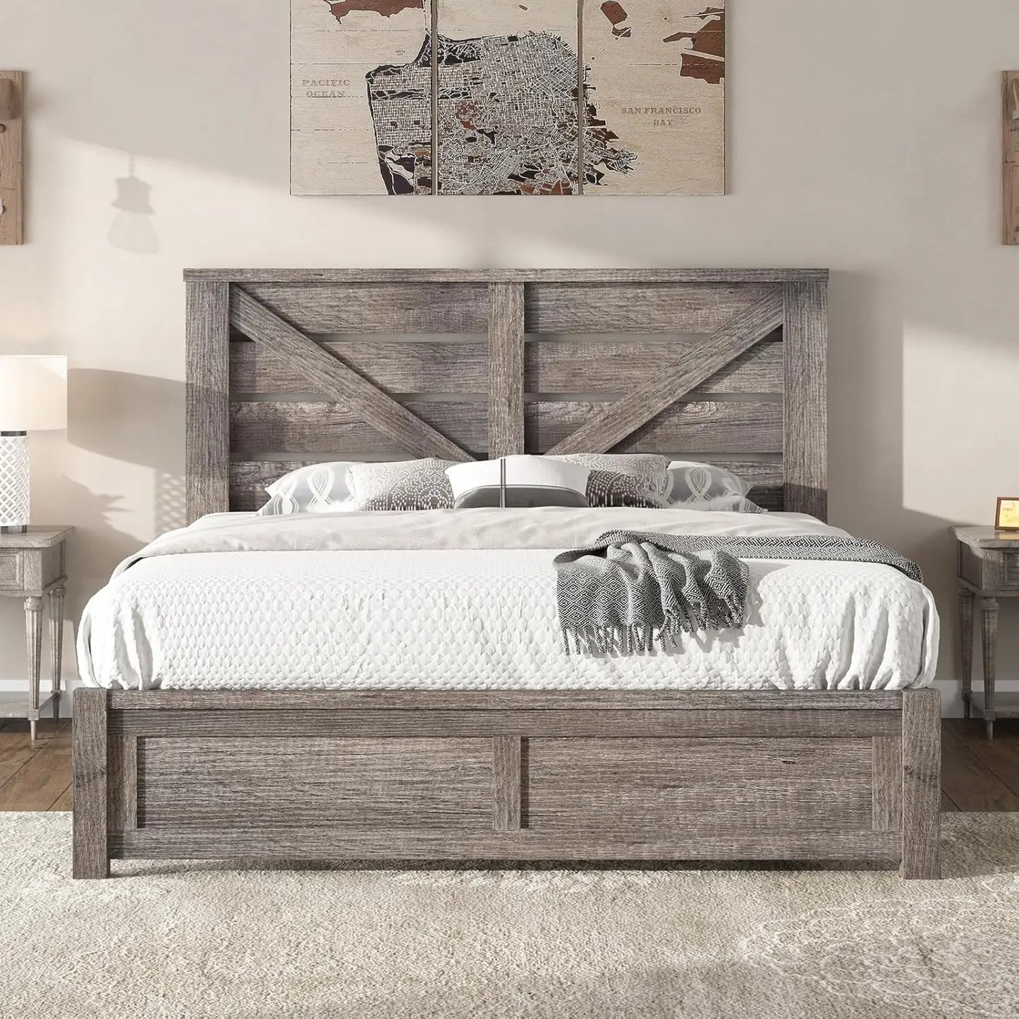 Queen Size Bed Frame with 49.2" Barn Door Headboard and Footboard, Farmhouse Platform Bed Frame with Wood Slats, No, Customized