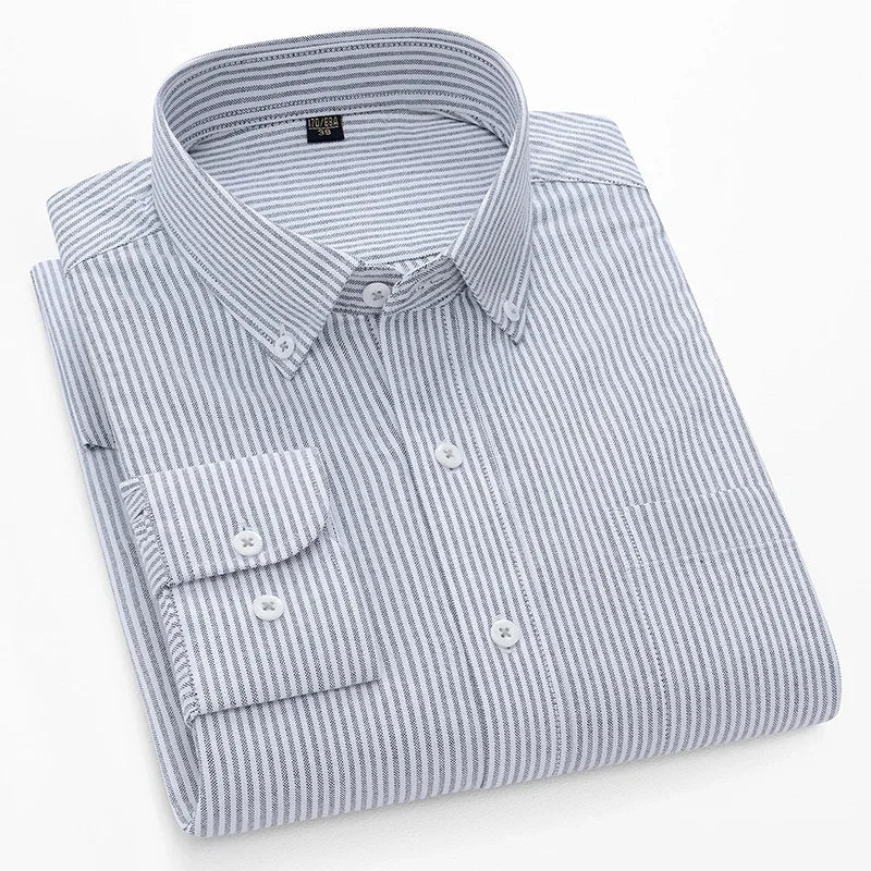 BROWON Men Long Sleeve Cotton Oxford Striped Dress Shirt