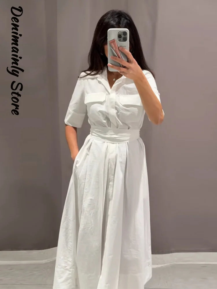 Casual Striped Women Summer Dress Lapel Single Breast Half Sleeve Slim Waist Long Dresses 2026 Autumn Lady Fashion Vacation Robe