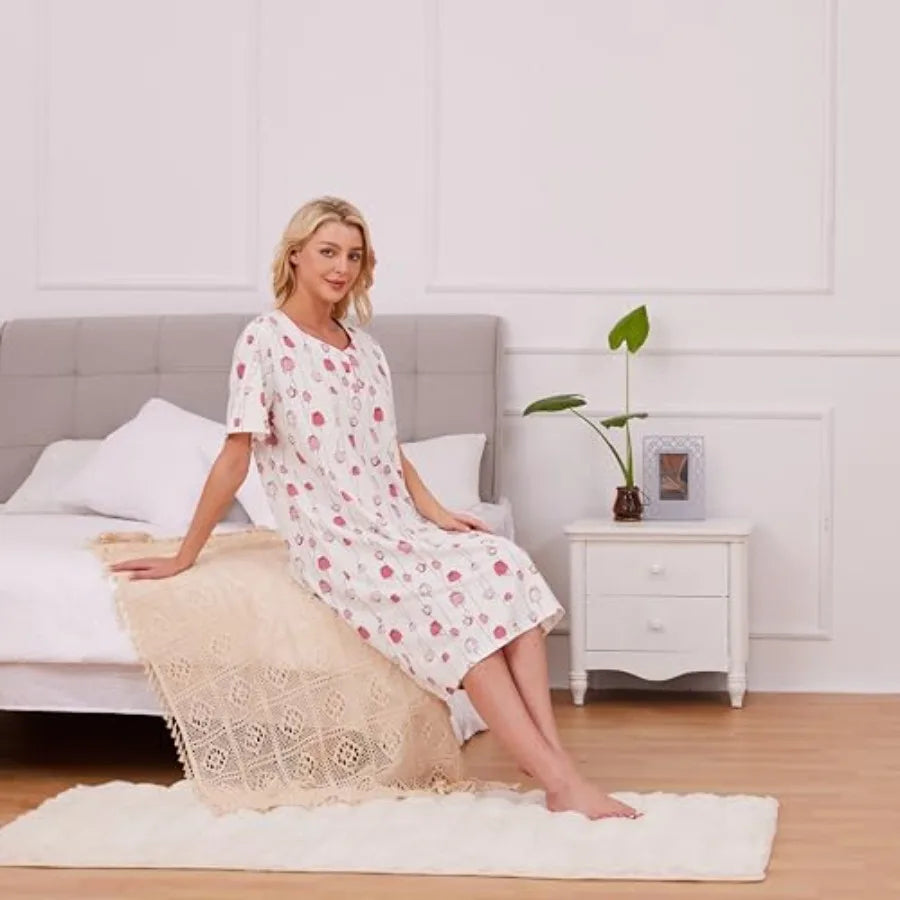 Womens Nightgown for Summer - Soft Cotton Comfortable Short Sleeve Lightweight Floral Sleepwear and Loungewear M-XXL