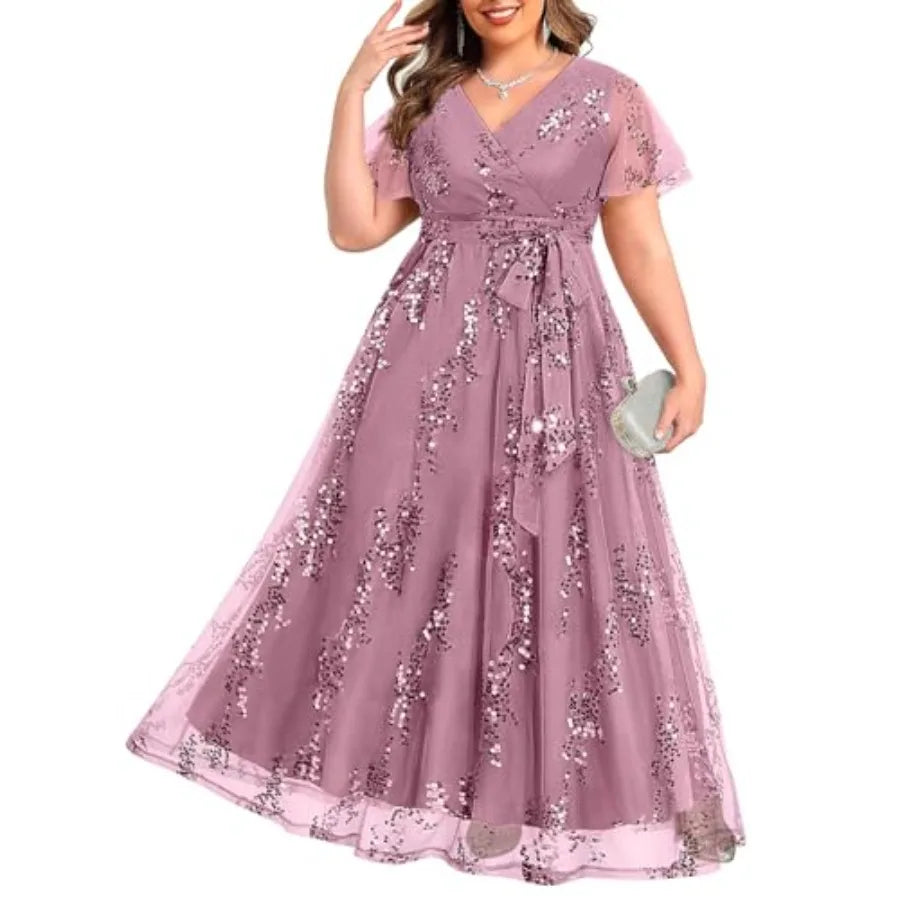 Pinup Fashion Plus Size Formal Dresses - Wedding Guest Evening Gowns Sequin Embroidery V-Neck Maxi Dress