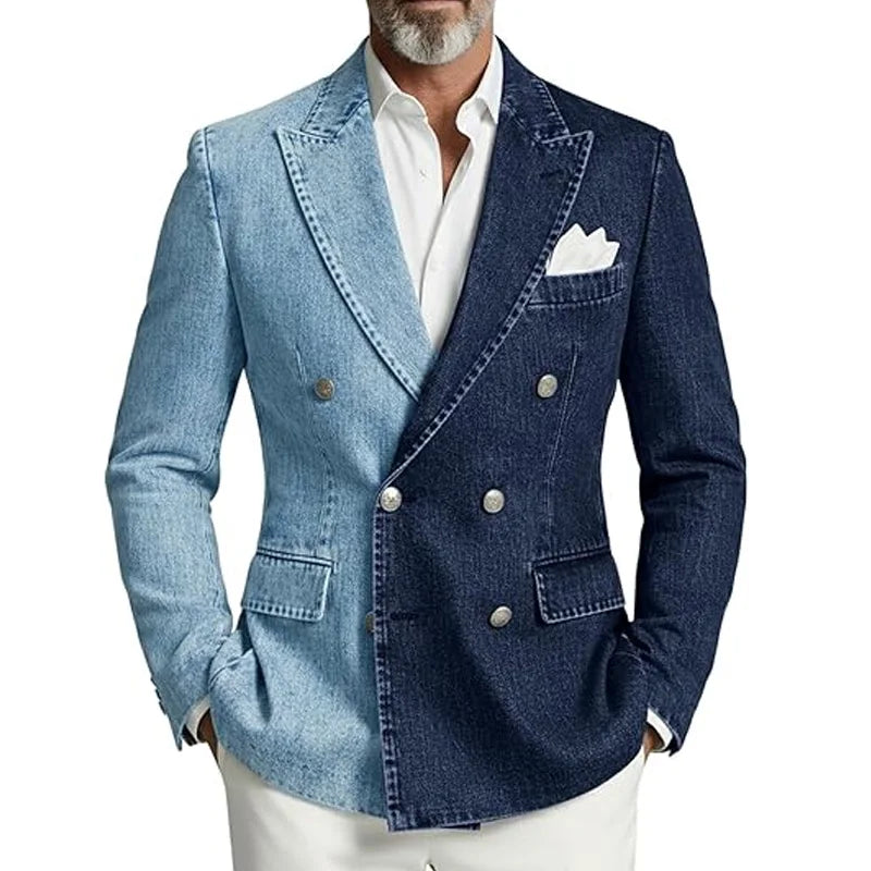 Denim Men's Suit Jacket Double Breasted Peak Lapel Slim Fit Casual Blazer Outing Date Night Trendy Party Fashion Costume Homme