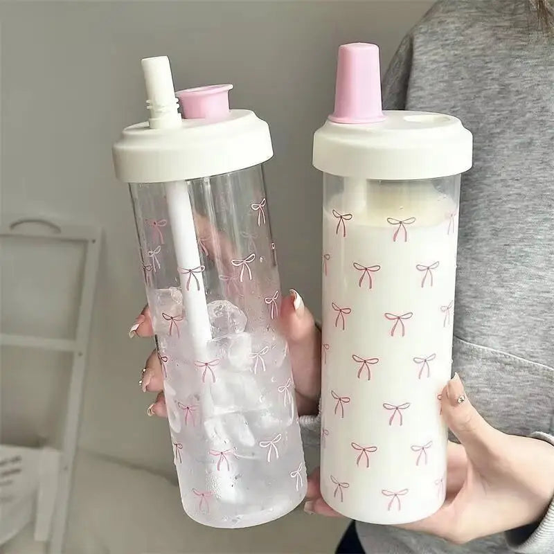 Portable Plastic Water Cup With Straw Bowknot Large Capacity