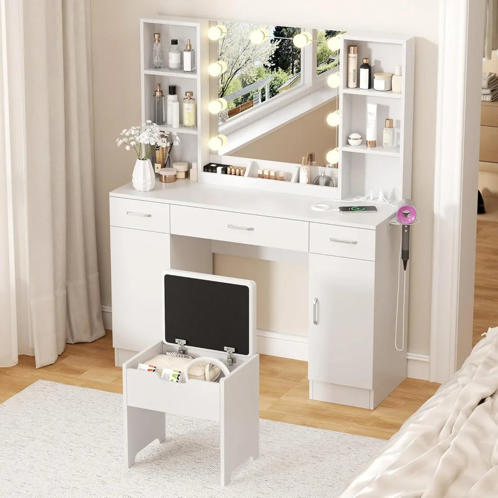 Makeup Vanity Table with Lighted Mirror & Power Strip, Large Vanity Set Vanity Desk with Storage Stool, 3 Lighting, Customized