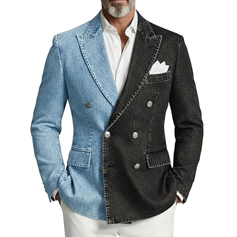 Denim Men's Suit Jacket Double Breasted Peak Lapel Slim Fit Casual Blazer Outing Date Night Trendy Party Fashion Costume Homme