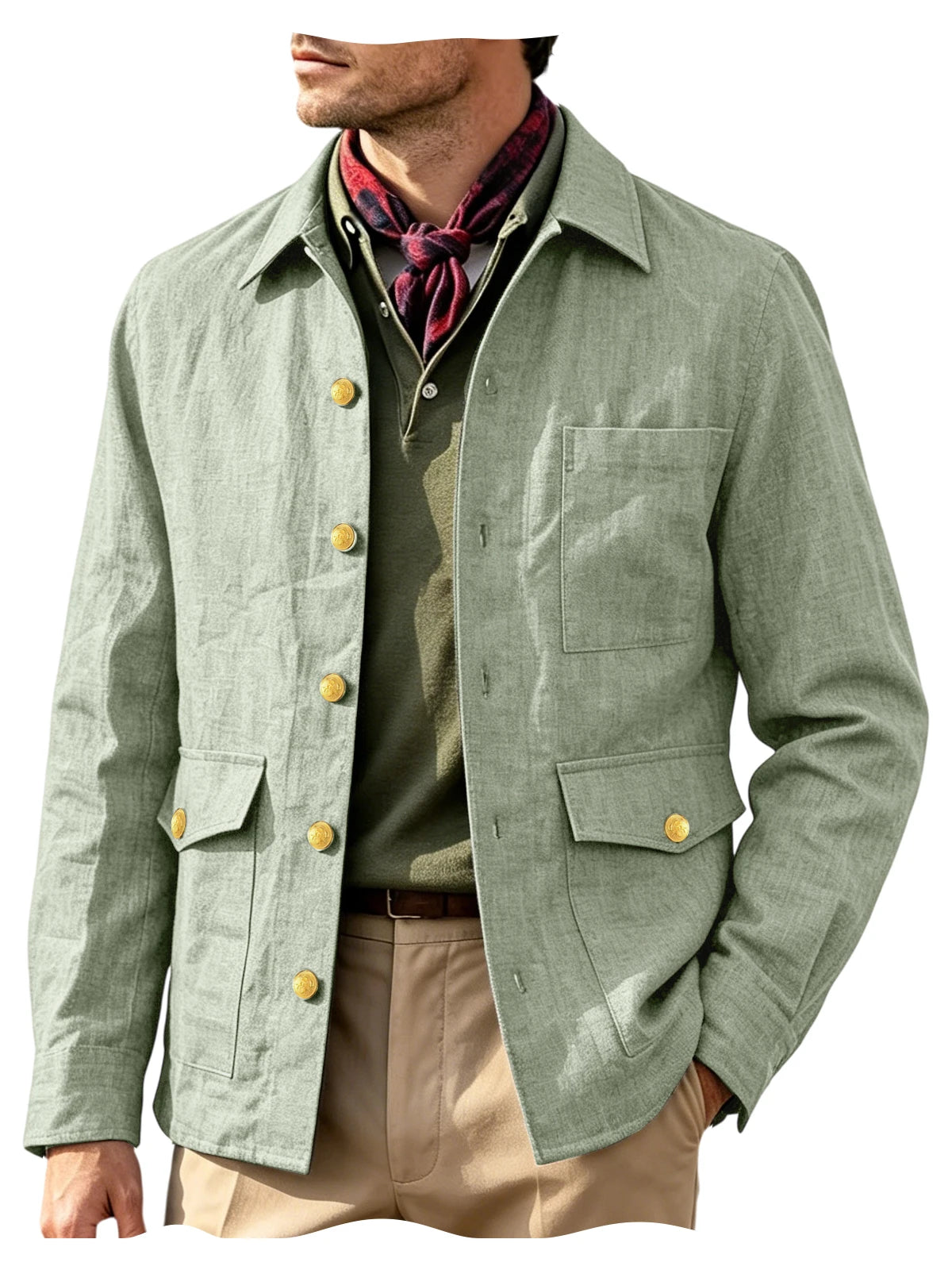 Mens Vintage Linen Jacket With Breathable Gold Button Lapel Design
