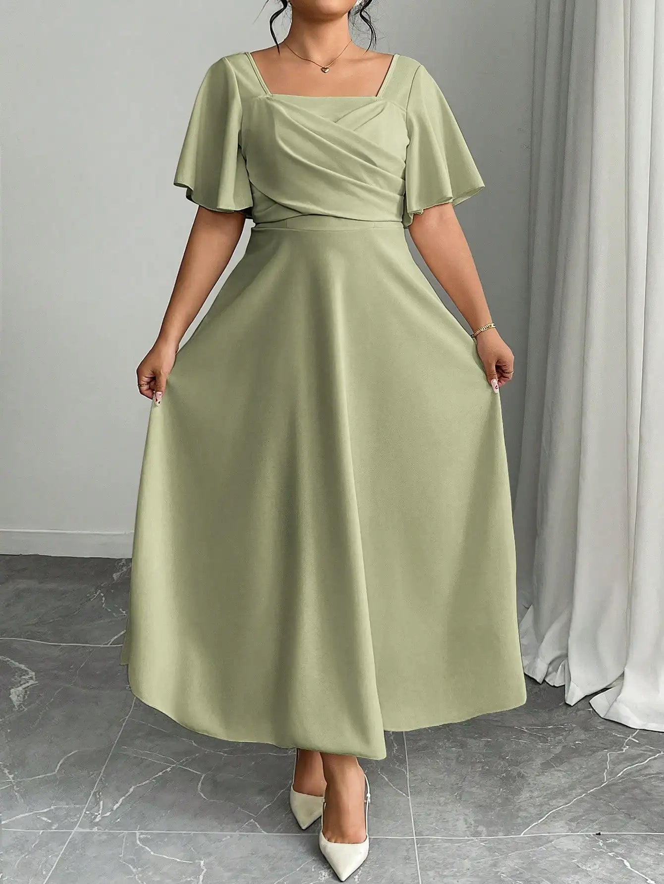Elegant Plus Size Square Neck Draped Waist A-Line Midi Dress