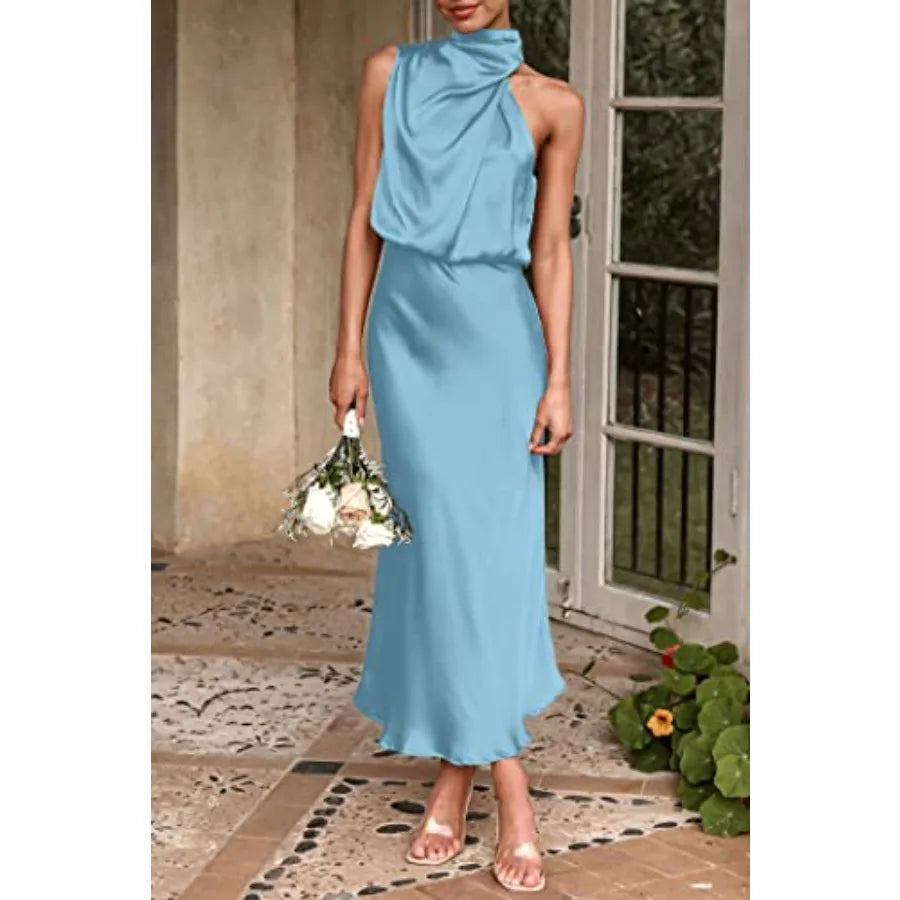 PRETTYGARDEN Women's 2026 Summer Satin Dress Elegant Sleeveless Mock Neck Cocktail Party Maxi Dresses