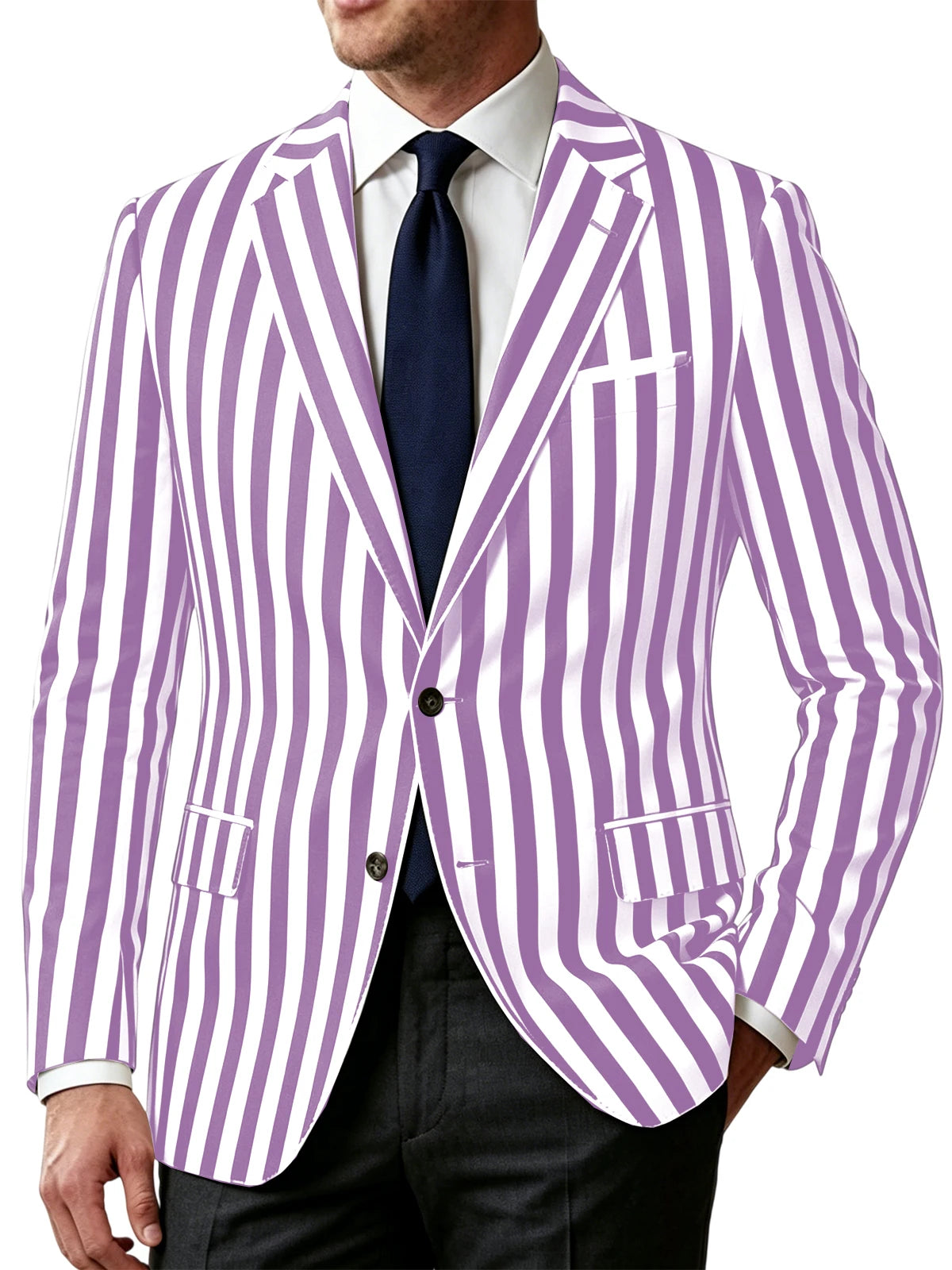 Men's Vertical Striped Blazer Slim Fit Single Breasted Casual Business Sport Coat Lightweight Formal Jacket For Office Wedding
