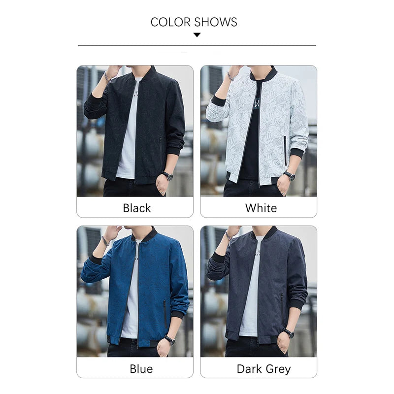 BROWON Business Casual Mens Jacket 2026 Spring Standing Collar Print Coats Men Autumn Fashion Long Sleeve Outdoor Men Clothing