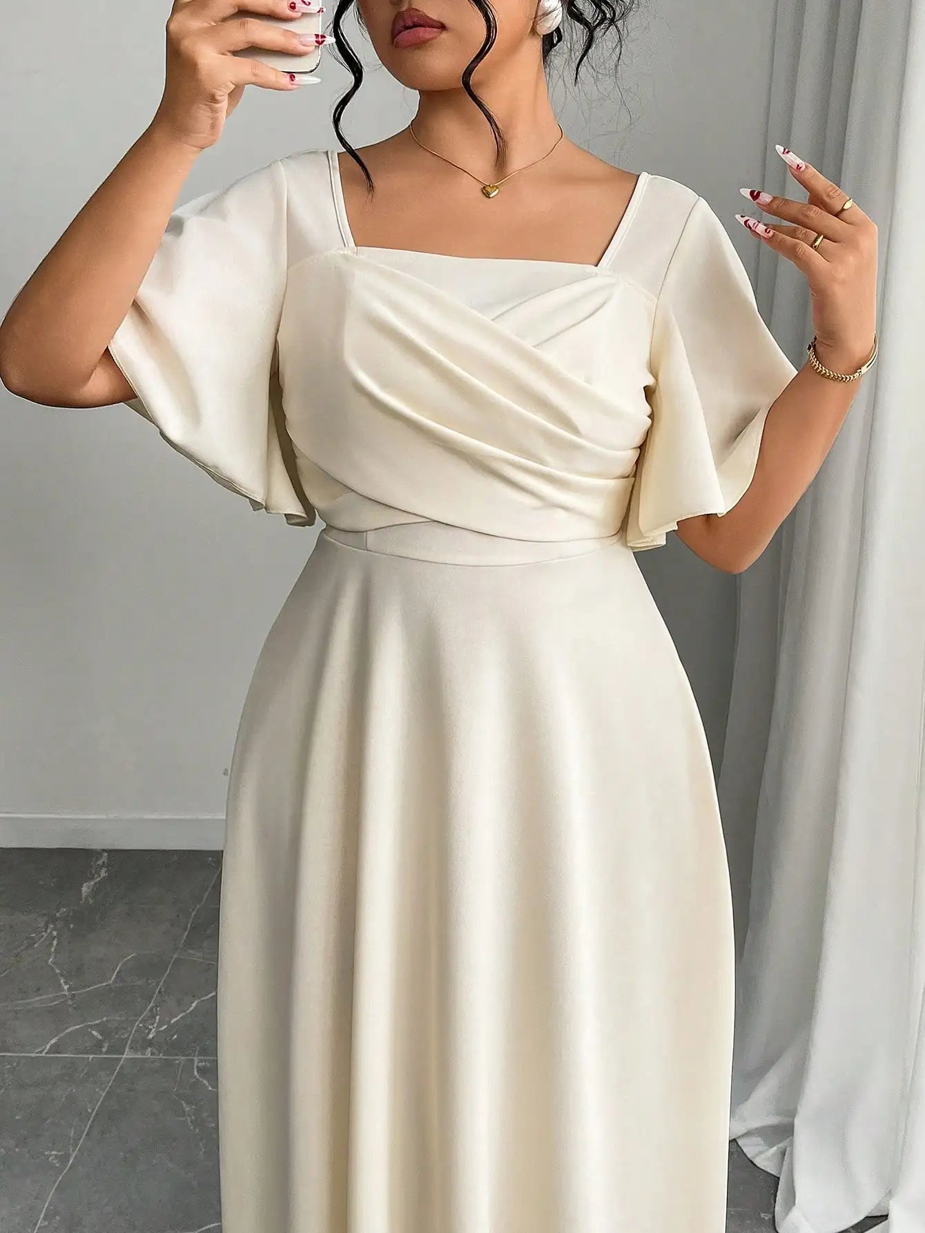 Elegant Plus Size Square Neck Draped Waist A-Line Midi Dress