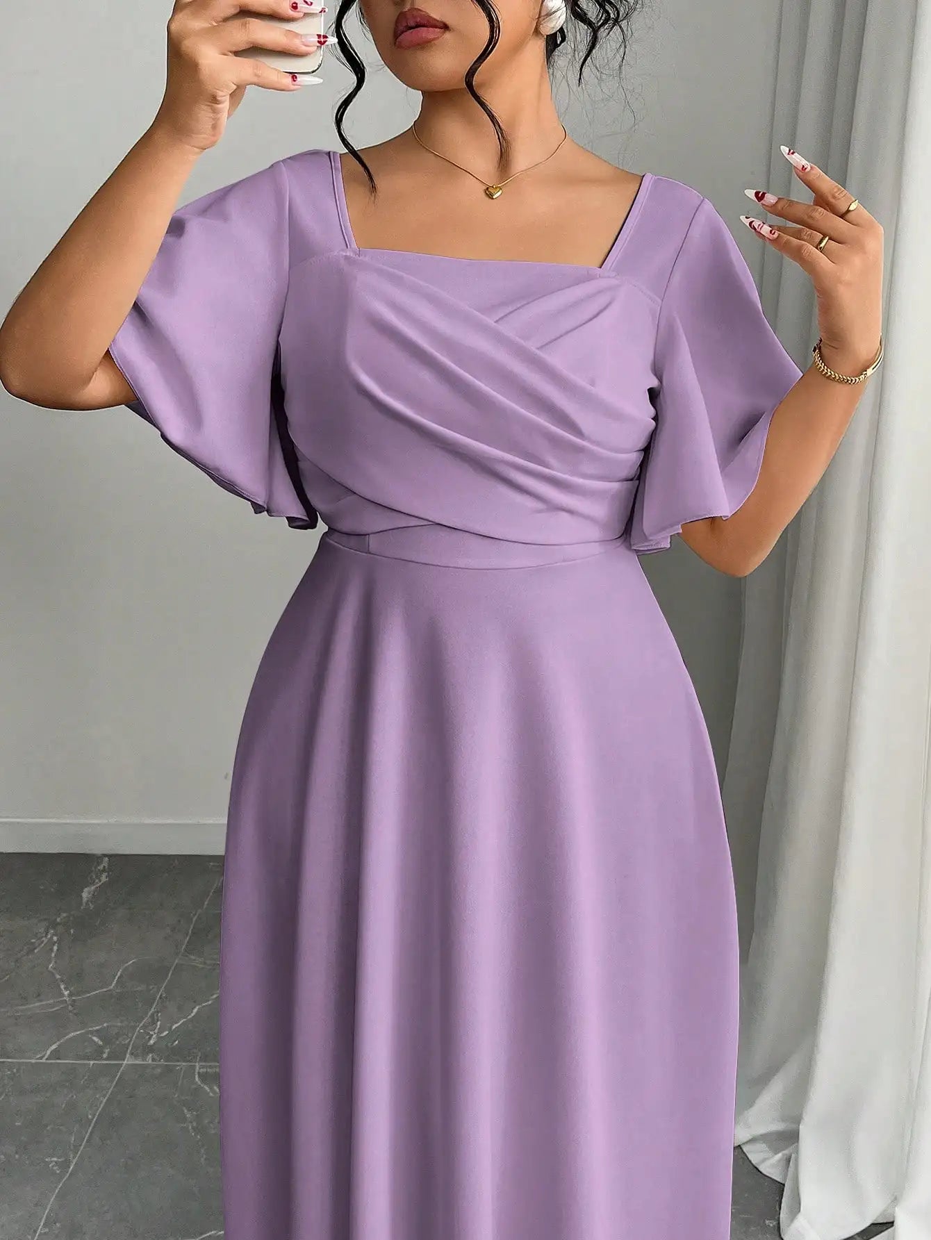 Elegant Plus Size Square Neck Draped Waist A-Line Midi Dress