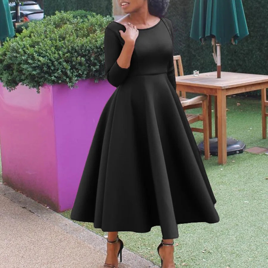 【New style】D346  European and American women's clothing summer new style pure color big swing dress temperament evening dress