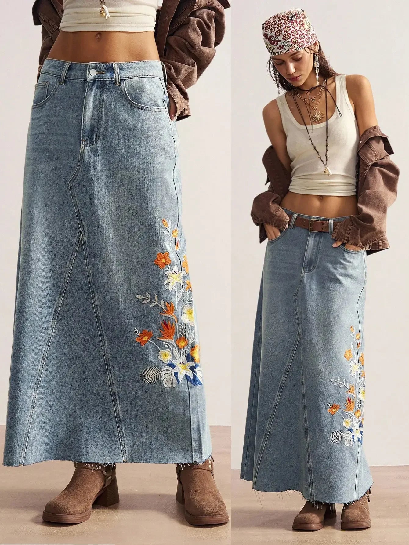 Women's A-Line Denim Maxi Skirt with Floral Embroidery and Frayed Hem