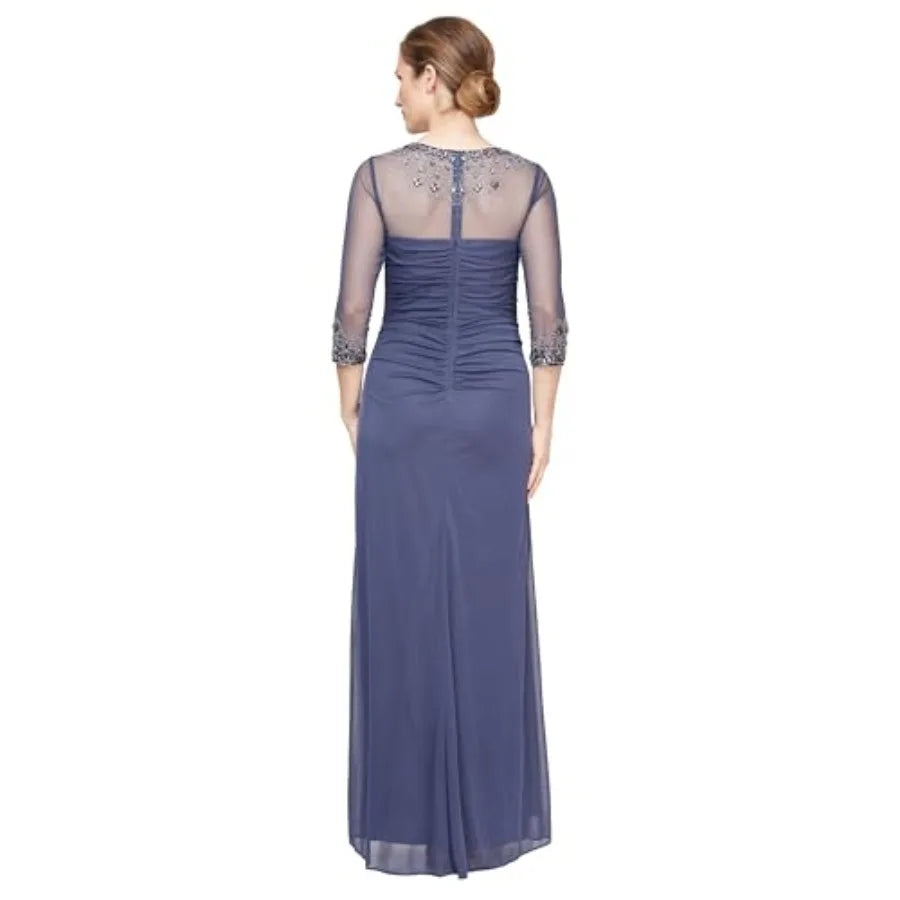 Women's Long A-line Mother of The Bride Dress with Illusion Neck and Sleeves Petite and Regular Sizes