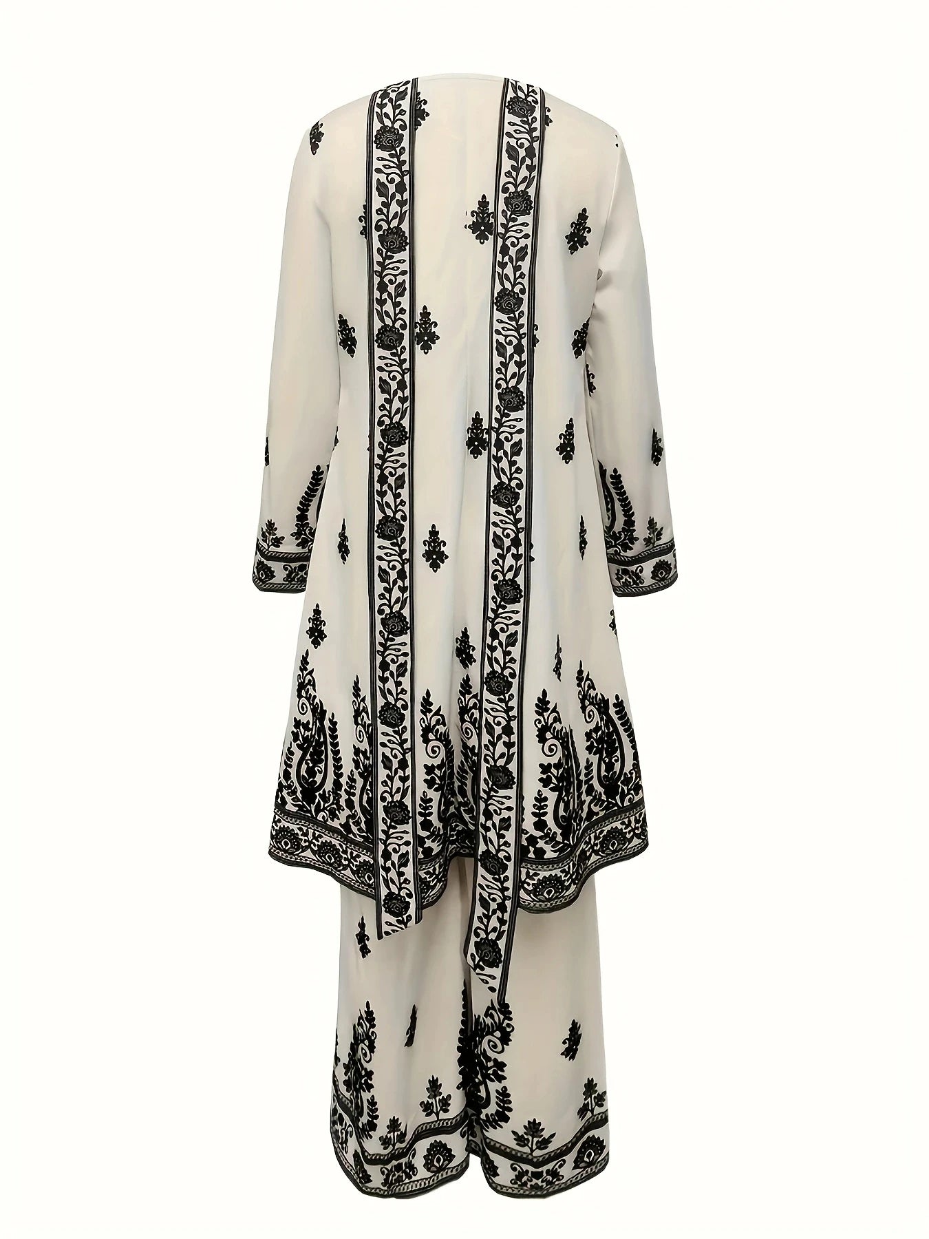 Plus Size Women's Off-White and Black Printed Three-Piece Set Ethnic Style Crew Neck Long Top Wide-Leg Pants and Headscarf Set