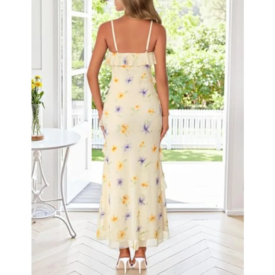 MEROKEETY Summer Floral Wedding Guest Maxi Dress Women 2026 Vacation Formal Bodycon Spaghetti Strap Cocktail Party Long Dress