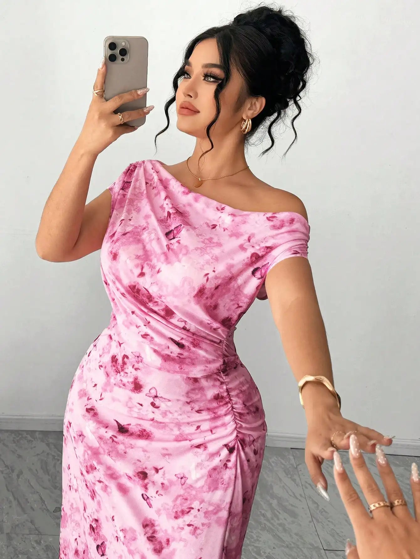 Elegant Off-Shoulder Cinched Waist Floral A-Line Maxi Dress Hot Pink