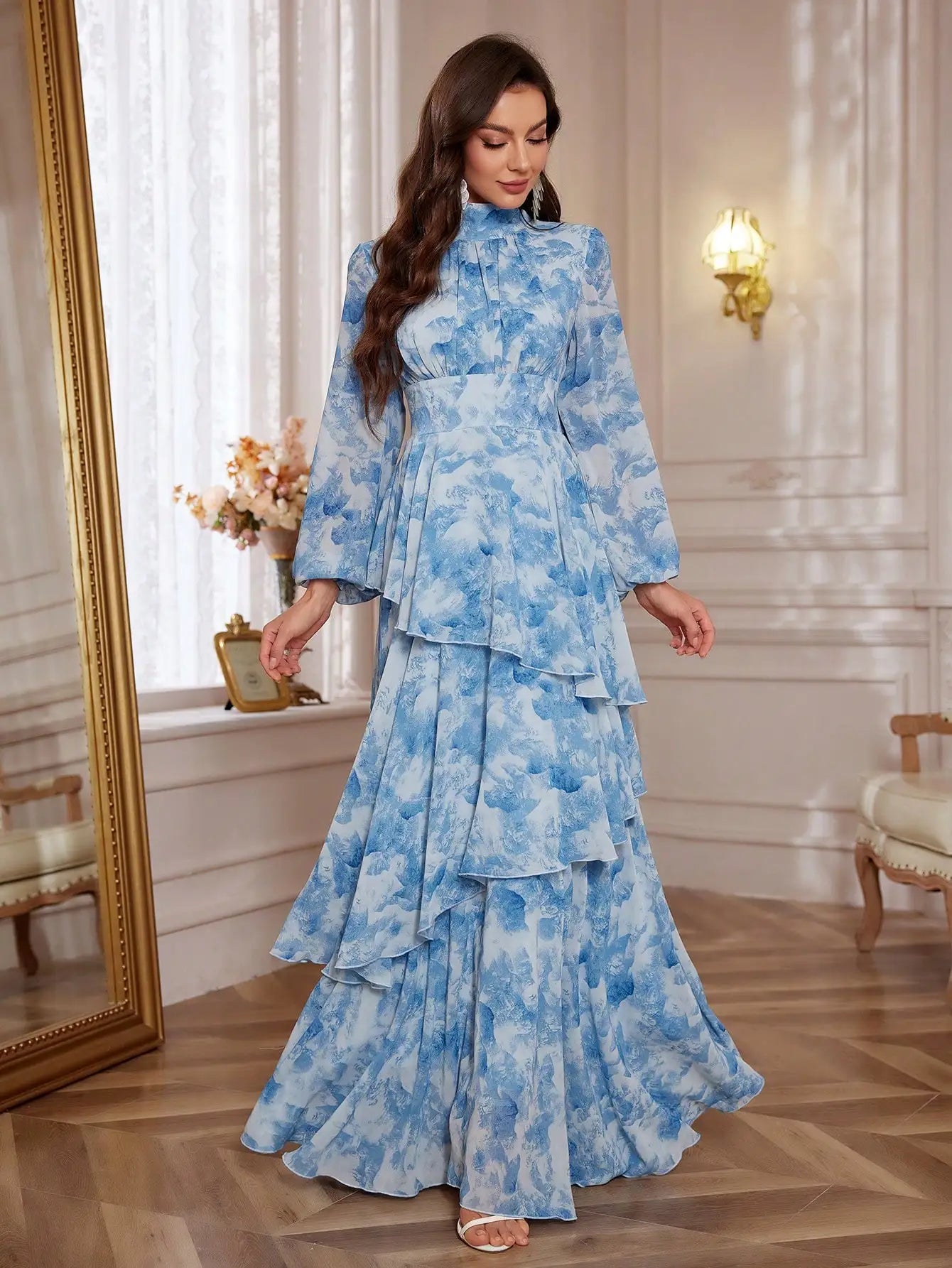 Women's Blue Floral Print Stand Collar Lantern Sleeve Ruffled Tiered Floor Length Elegant Dress