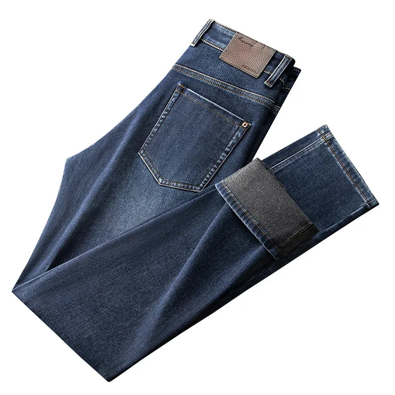 BROWON Brand 2026 Autumn Winter Thick Casual Jeans Men Fashion Dark Blue Straight Streetwear Men Denim Brushed Jeans