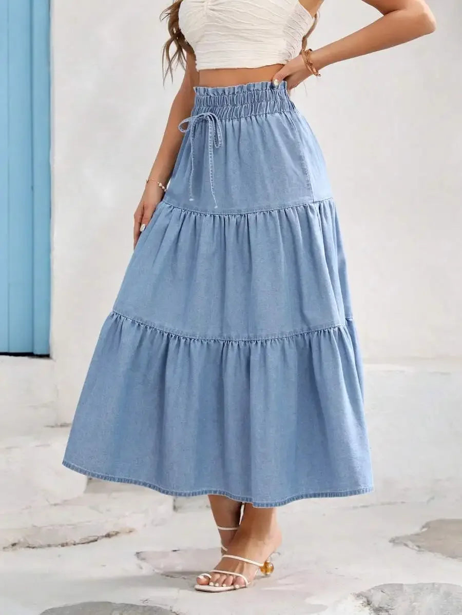 Women's Tiered Elastic Waist Denim Midi Skirt in Light Blue, Casual Summer Style