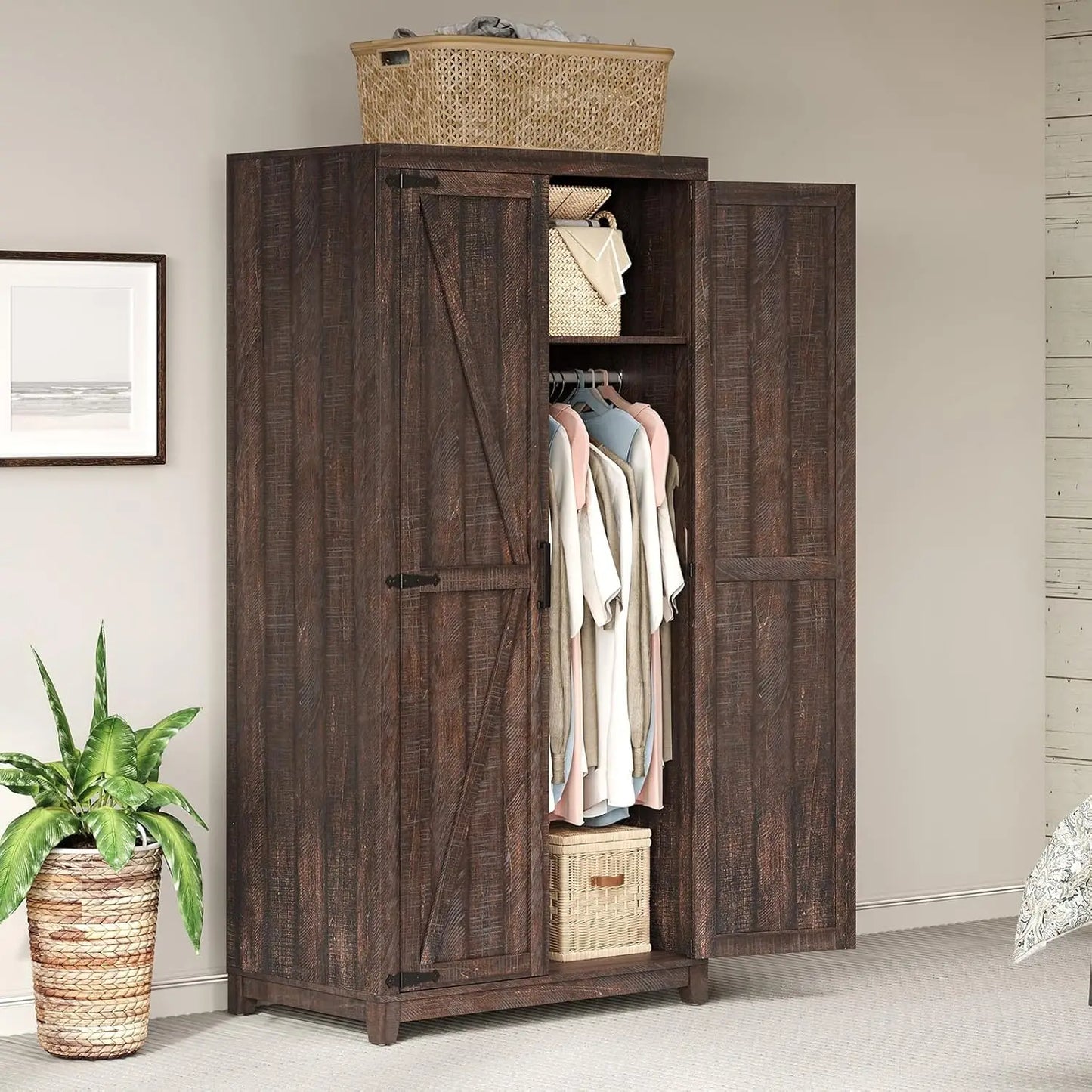Farmhouse Armoire Closet 71in Barn Doors Cabinet Rod & Shelf Bedroom Storage White Custom