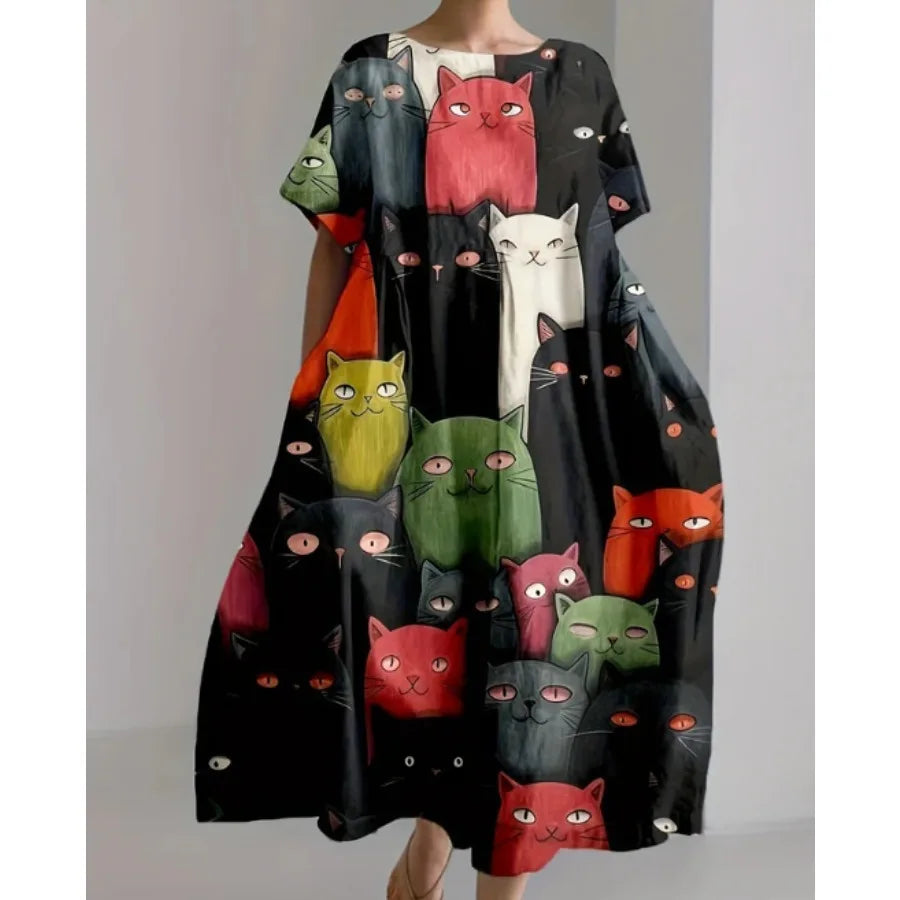 【New style】 - summer new European and American women's clothing loose round neck fashionable high-end short-sleeved printed dre