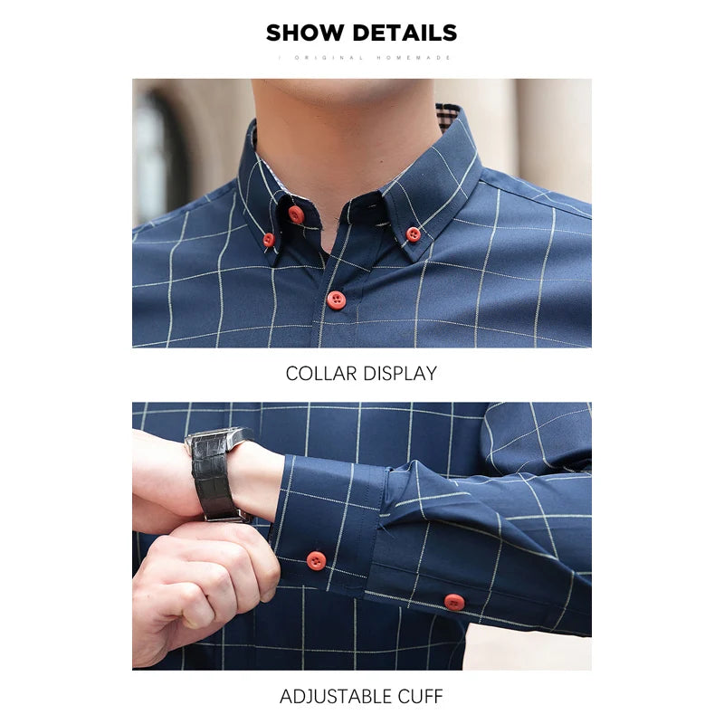 BROWON Brand Shirts Men Long Sleeve Turn-down Collar Plaid Pattern Men's Shirt Smart Casual Business Shirt Plus Size M - 5XL
