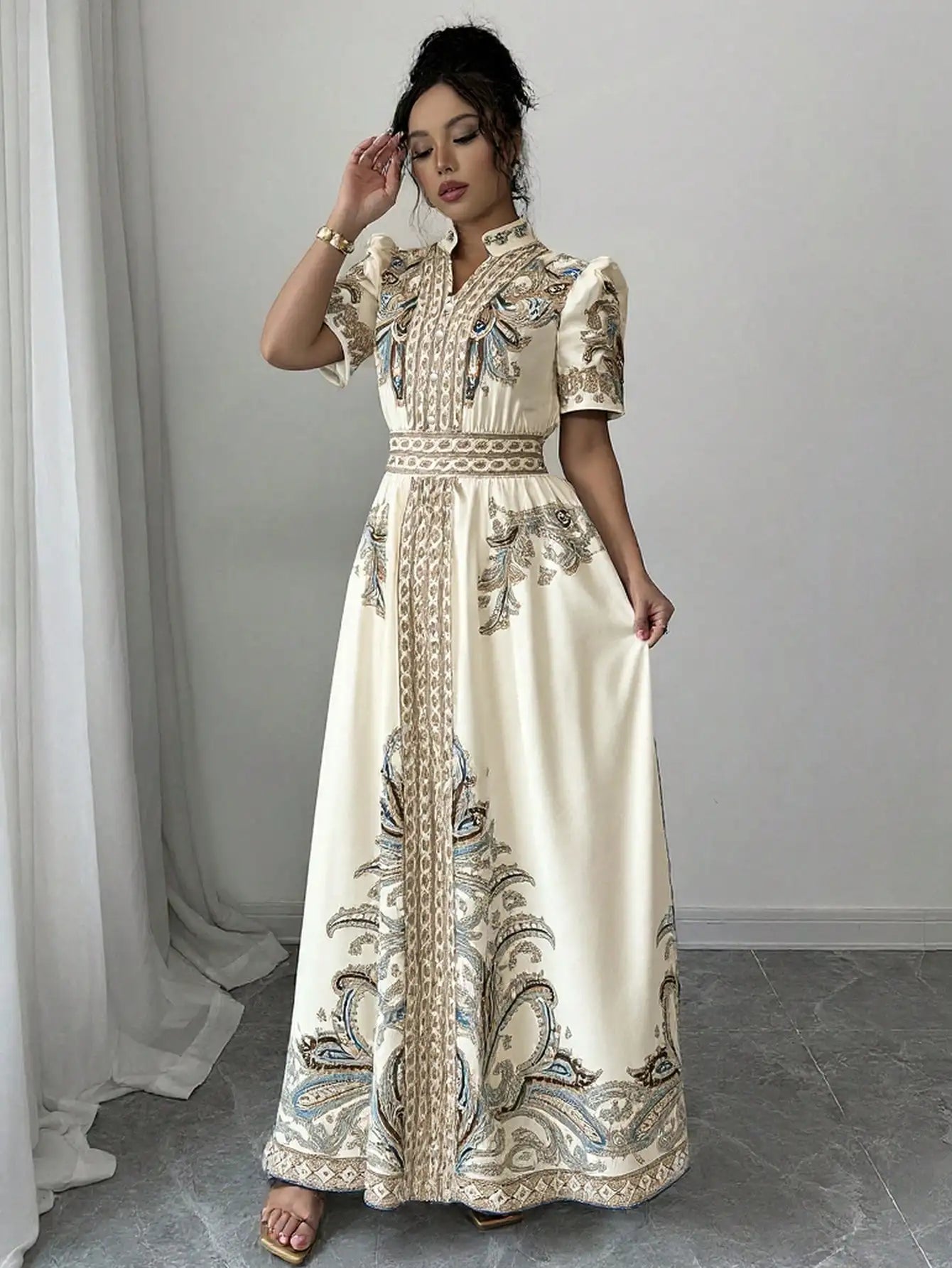 Elegant A-Line Maxi Dress With Puff Sleeve Notched Neck Embroidered Paisley Pattern