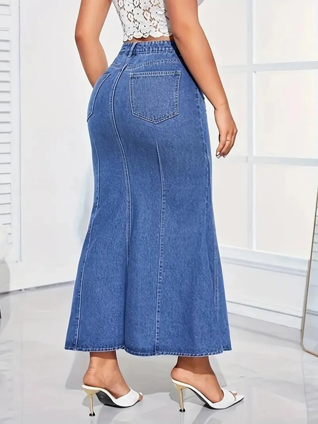 Ladies Retro Fashion Denim Fishtail Skirt, Slim Fit, Mid-Waist, Elastic, Stylish Denim Half Skirt