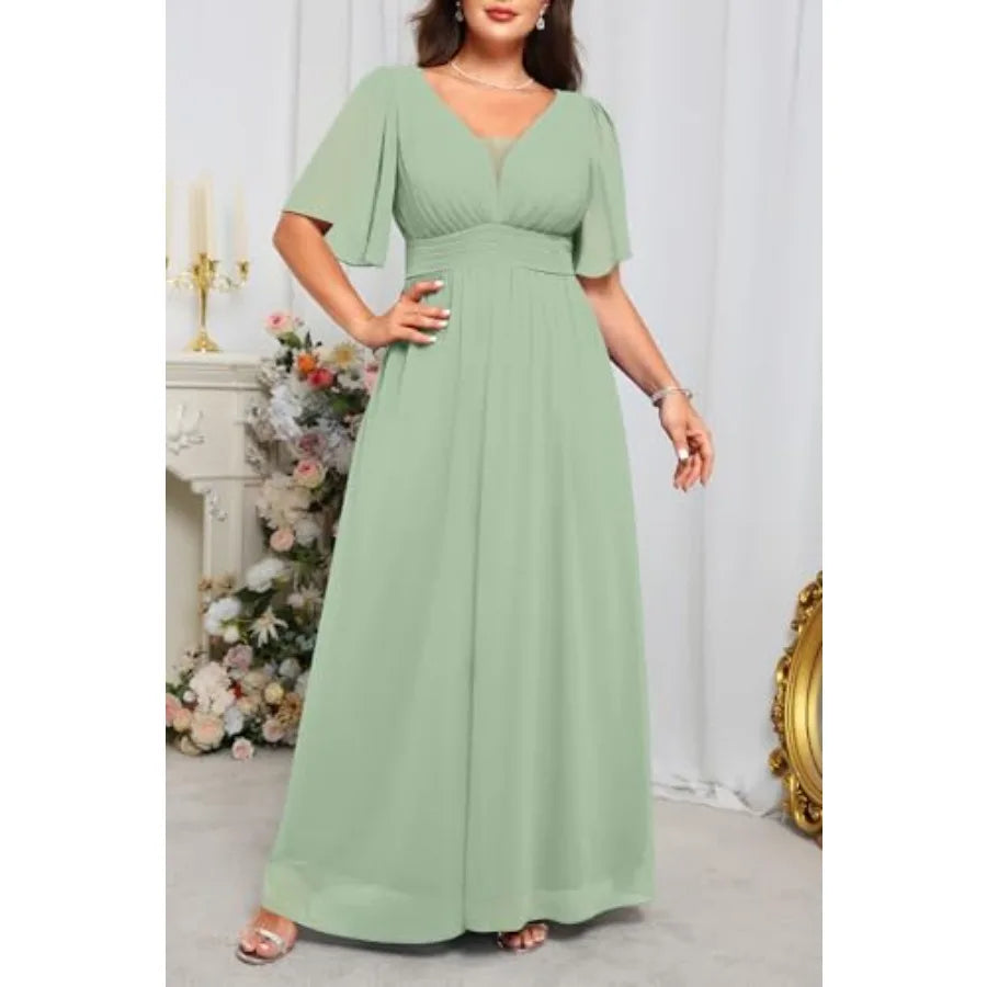 Talisea Plus Size Formal Dresses - V Neck Flutter Sleeves Evening Gowns Bridesmaid Wedding Guest Chiffon Long Maxi Dress