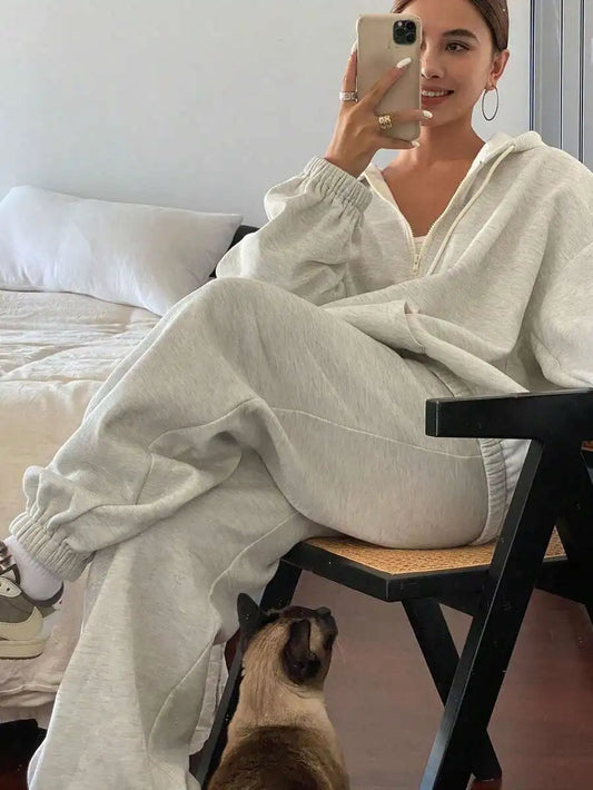 Women Loose Solid Color Drop Shoulder Long Sleeve Hoodie And Sweatpants Thermal Lined Tracksuit Set Autumn Winter
