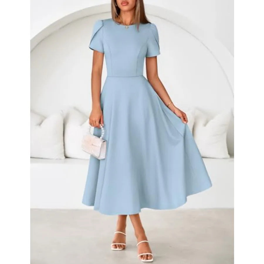 MEROKEETY Women's 2026 Summer Midi Dresses Short Sleeve Crewneck A Line Pleated Wedding Guest Flowy Long Dress with Pockets