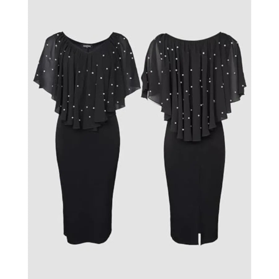 CHICME Womens V Neck Cold Shoulder Bodycon Midi Dress with Rhinestone and Pearls Cocktail Evening Wedding Guest Dress