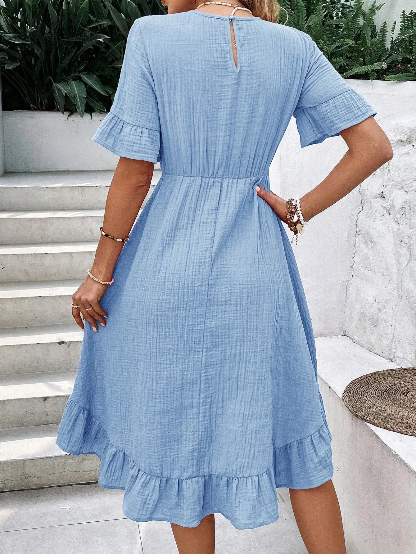 Light Blue Ruffle Trim Midi Dress With Textured Fabric Casual Summer Women Dress