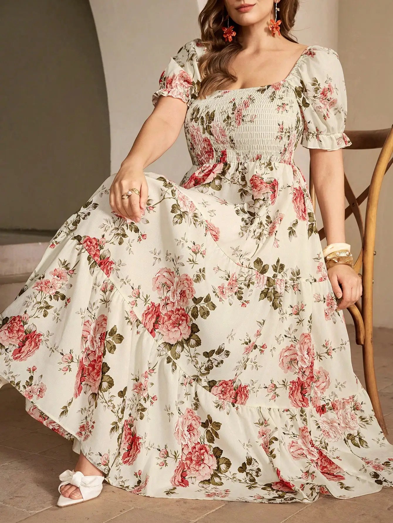 Elegant Square Neck Puff Sleeve Tiered Floral Maxi Dress