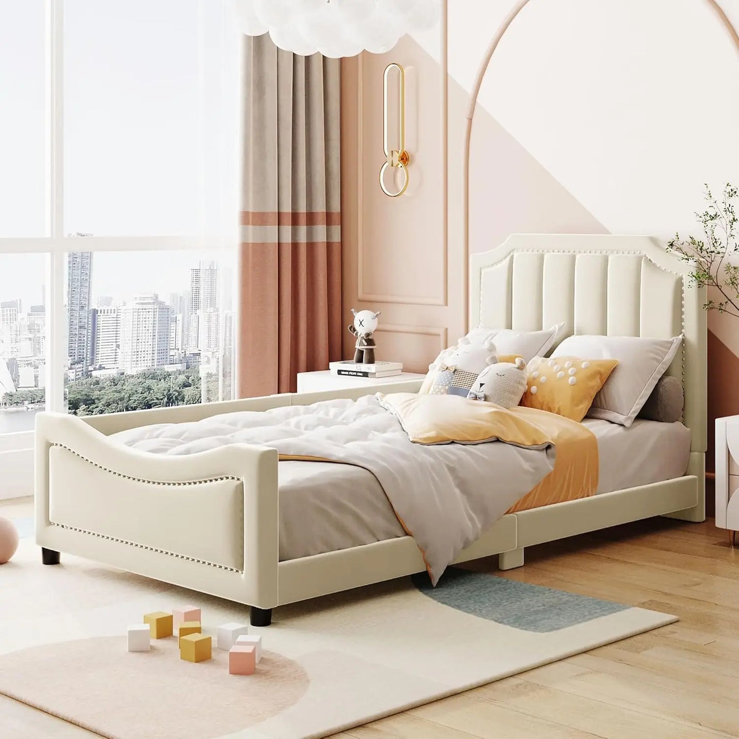 Twin Size Upholstered Bed with Belgrave Headboard, Low Platform Bed Frame with Rails, Kids Velvet Daybed with Slats, Customized