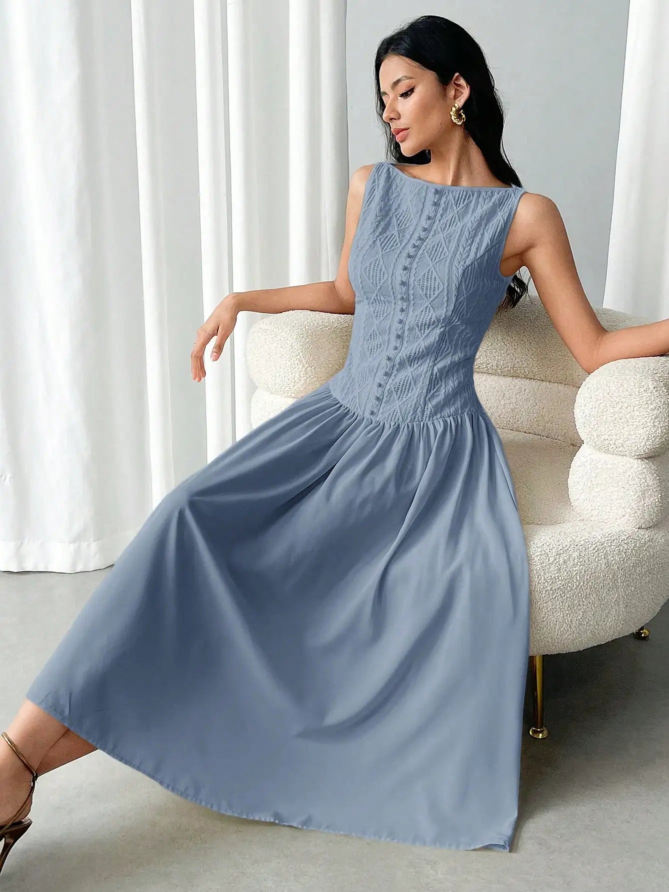 Women's Summer Elegant Solid Color Textured Sleeveless Midi Dress